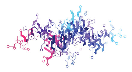 A futuristic abstract visualization of data and technology with interconnected geometric lines and nodes in a colorful gradient.