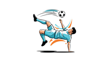 A dynamic illustration of a skilled soccer player in mid-air executing a powerful and athletic bicycle kick to the ball.