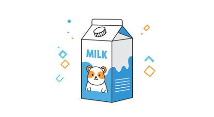 A cute cartoon milk carton features an adorable hamster on the label and is surrounded by colorful geometric shapes.