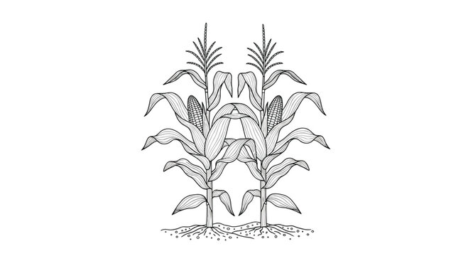 A symmetrical black and white ink drawing shows two mature corn plants with stalks leaves and cobs growing from the soil.