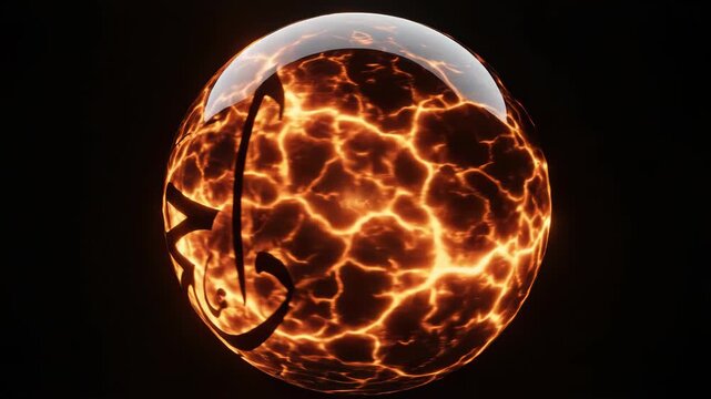Glowing arabic calligraphy inscribed on a fiery, cracked glass sphere against a dark background vector illustration
