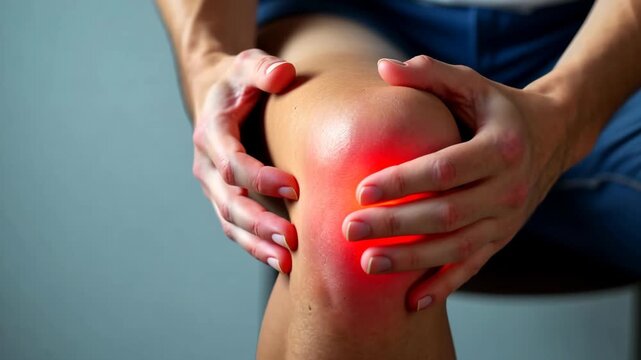 A person holds their knee, indicating pain or discomfort. The knee appears inflamed with a red glow. The background is neutral and unobtrusive.