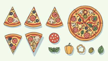 Vector illustration set of pizza slices and ingredients.