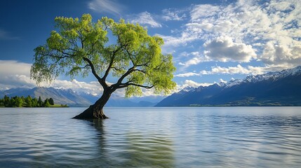 Willow tree in lake wanaka with snowy mountains and blue sky scenic view