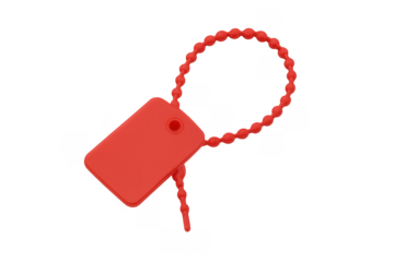 Red plastic security tag with beaded tie