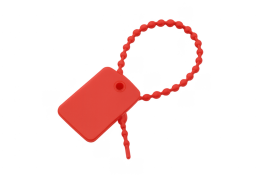 Red plastic security tag with beaded tie