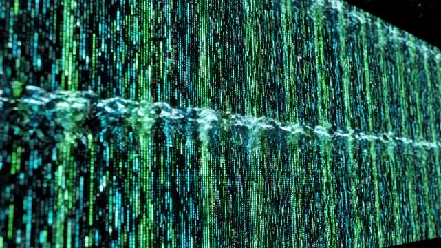 Abstract digital rain of green and blue binary code falling in dark space with stars background vector illustration