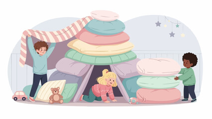Children Building a Pillow Fort with Toys and Blankets.