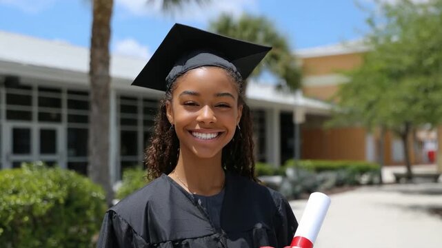 Graduate's Triumph: A radiant graduate stands confidently, holding her diploma with pride, against the backdrop of an academic setting.