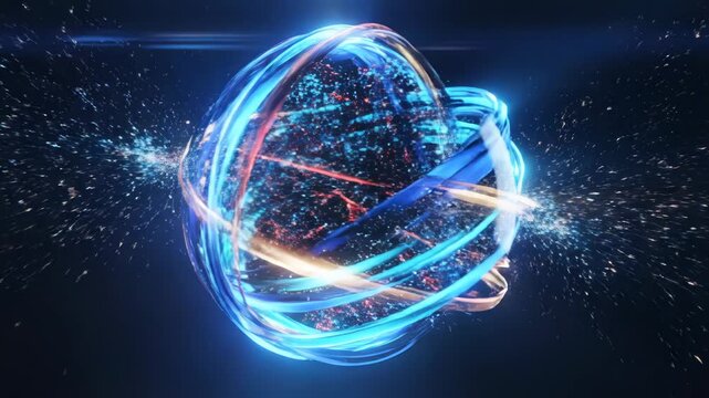 Abstract glowing blue energy sphere with internal particle structure and light flare on dark background vector illustration