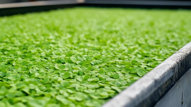 Bio circular green economy concept with fresh green leaves floating on water in container promoting agriculture plant growth and nature sustainability