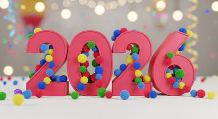 Naklejka premium Bright pink 2026 numbers filled with colorful confetti and balloons