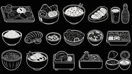 Variety of Japanese Cuisine Dishes in Monochrome.