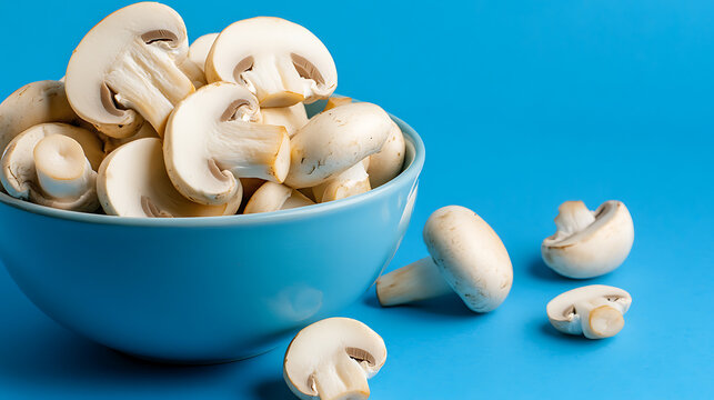 Fresh mushrooms in a light blue ceramic bowl against a vibrant blue background. A culinary masterpiece with white, delicious mushrooms. Vegan food preparation.