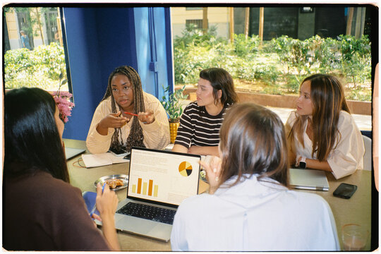 A team of female entrepreneurs working together in a coworking office