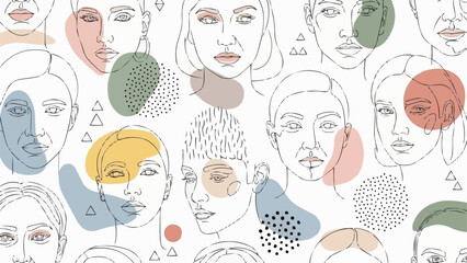Artistic faces in line art style with colorful abstract shapes.