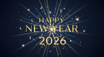 Happy new year 2026 with golden fireworks and stars
