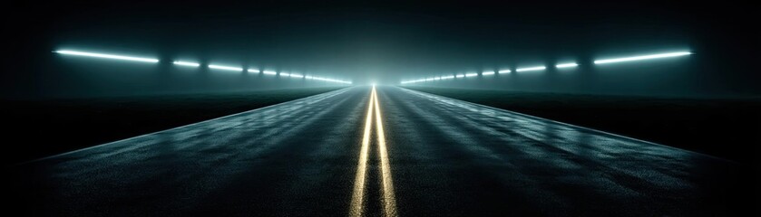 A close-up of illuminated lights on empty track concept. Mysterious empty road illuminated by futuristic lights at night.