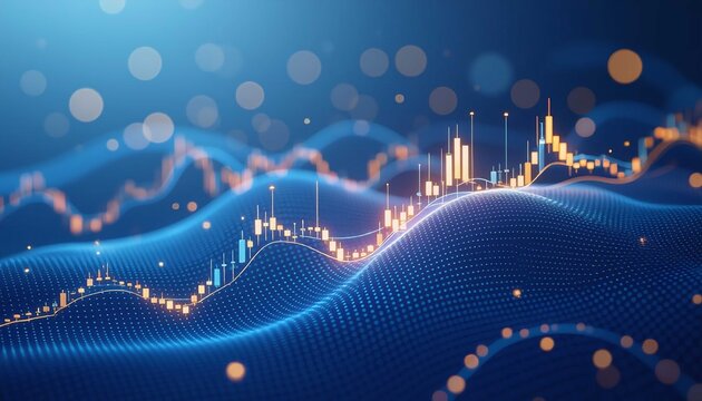 Abstract technology background with glowing blue lines and future investment wave graph - Powered by Adobe