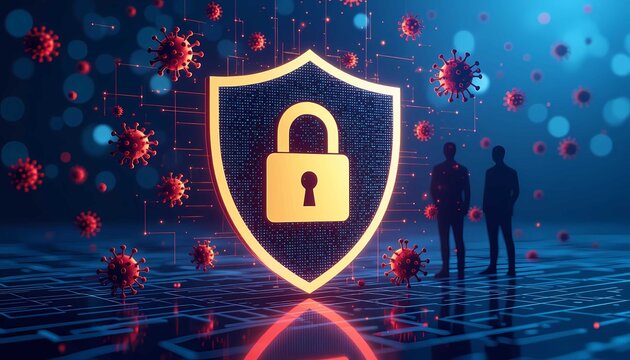 Cybersecurity Shield protecting Digital Data from Virus Threats and Malware Attacks on a Network System to ensure Safety and Protection
