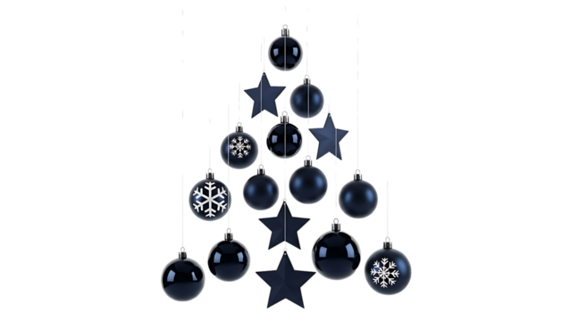 Elegant Christmas tree ornament design with navy baubles and stars, perfect for stylish winter holiday promotions and festive seasonal campaigns