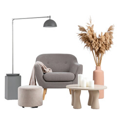 Modern Cozy Living Room Interior: A modern and inviting living room interior design, showcasing a comfortable armchair, a stylish floor lamp, a small stool.