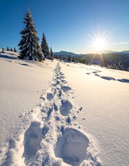 Footprints in snow leading to a sunny winter landscape