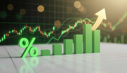 Green upward percentage chart showing positive finance growth and market performance trend