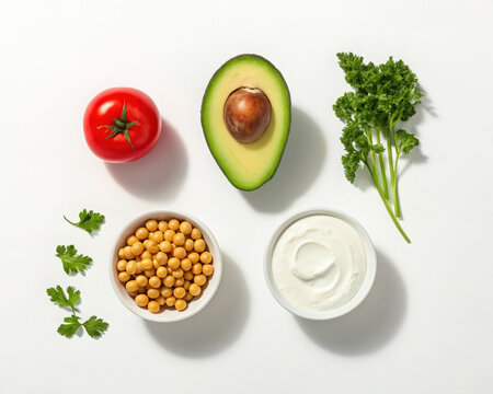 Culinary Flat Lay: Avocado, Tomato, Chickpeas, Yogurt, and Parsley Delights on Neutral Scene