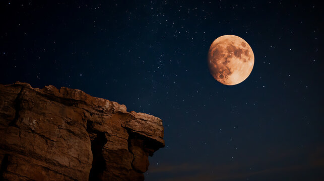 Over a rocky cliffside, a vibrant moon casts its glow across the starry night sky. The landscape is filled with wonder as the night unfolds beneath the celestial canvas.