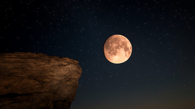 Full moon glows vividly, illuminating the night sky adorned with countless twinkling stars and rocky crags. Serene night scene. 171 characters