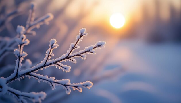 Beautiful winter scene showing frosty branches and peaceful cold golden light - Powered by Adobe