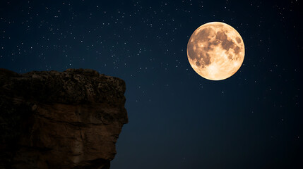 Fototapeta premium Experience the serene allure of the night: a radiant full moon illuminates the starlit sky above a rugged cliff. A perfect escape for nature enthusiasts.