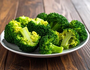 Fresh, vibrant broccoli florets arranged artfully on a white plate