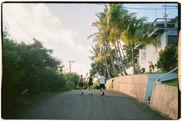 Film shot of friends jogging leisurely in the morning in Puerto Rico