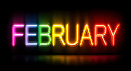 february 2026 colorful neon lettering on plain black dark background