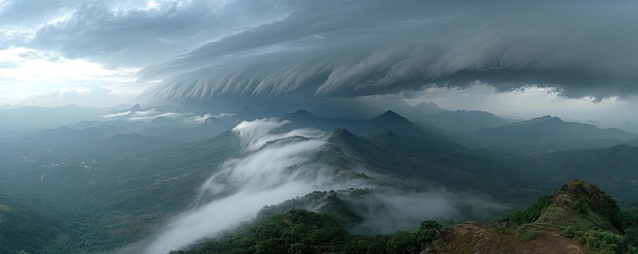 A misty mountain range beneath cloudy sky concept. Dramatic storm clouds over rolling hills and misty valleys. - Powered by Adobe