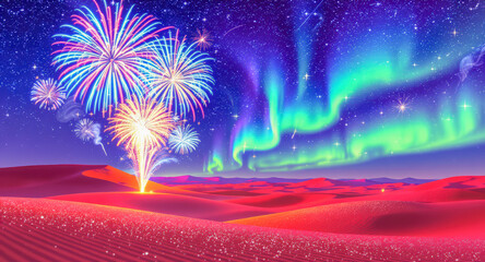 Fireworks desert mesas aurora night sky glowing celebration colorful landscape stars create magical scene over red sand dunes
