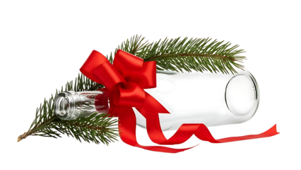 Festive holiday cheer with an elegant glass bottle wrapped in a bright red ribbon, accented by fresh green pine needles, perfect for seasonal greetings