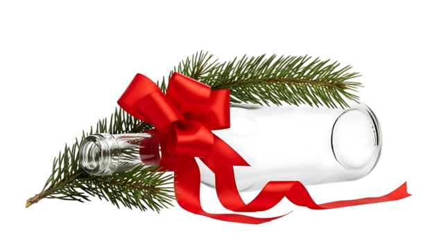 Festive holiday cheer with an elegant glass bottle wrapped in a bright red ribbon, accented by fresh green pine needles, perfect for seasonal greetings