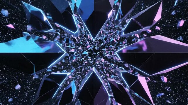 Dark digital fragmentation background where sharp geometric prisms explode outward and seamlessly reassemble in a continuous loop virtual, complexity, geometric