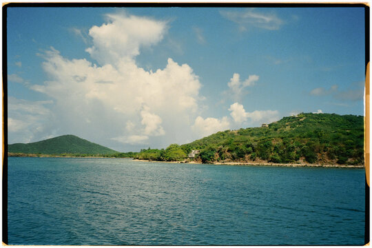 Analog panoramic shot of a seascape showing Culebra Island