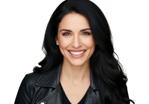 Smiling woman with long dark hair isolated on transparent background