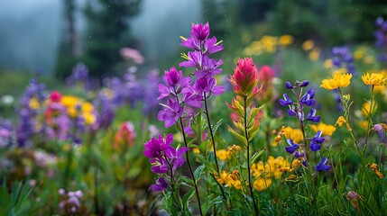 Vibrant wildflowers blooming in a lush mountain meadow on a misty day.