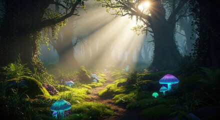 Enchanted forest path bathed in mystical sunlight with glowing mushrooms