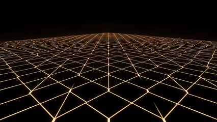 Glowing golden grid of interconnected lines stretching into a dark digital horizon.