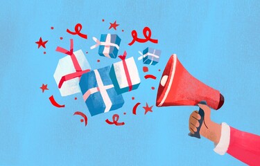 Christmas gifts fly out from megaphone