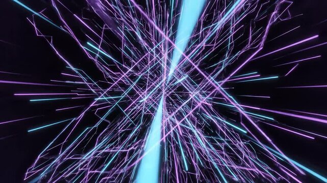 Complex geometric lines dynamically intertwine and diverge creating a mesmerizing purple and cyan nonlinear path network network, swirling, visual effect
