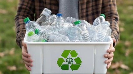 Recycling Embrace: A person holds a bin of plastic water bottles, highlighting environmental responsibility and sustainable living, a visual reminder of our commitment to protect the planet.
