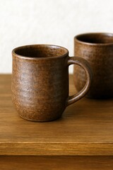 Two rustic ceramic mugs on wooden shelf. Utensils for home kitchen interior decor with handmade pottery. Cozy coffee or tea cup concept.